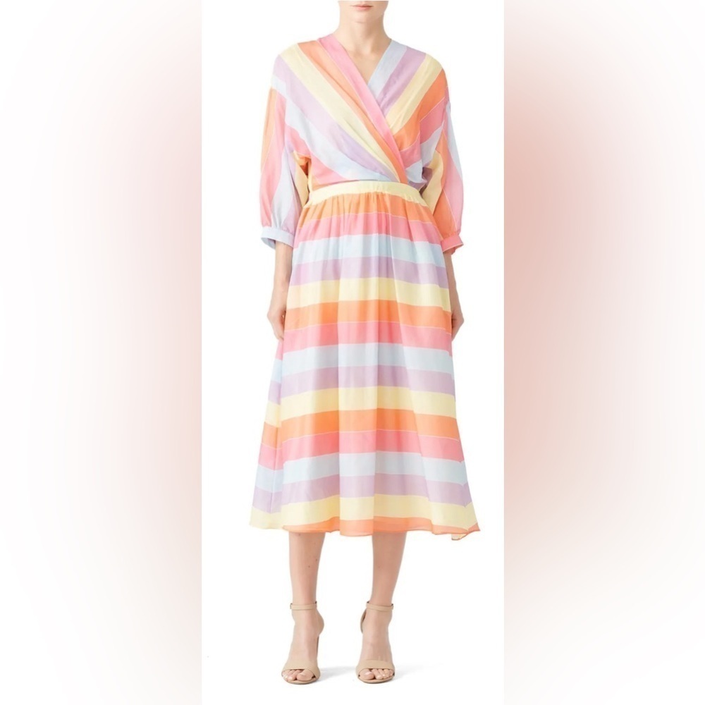 Tara Jarmon Stripey Midi dress with pastel colors and 3/4 length sleeves size S